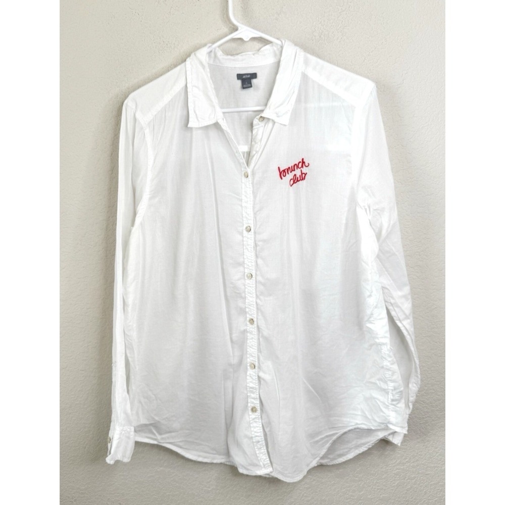 Aerie White Button Up Shirt Women's L Brunch Club Embroidered Preppy Clean Girl